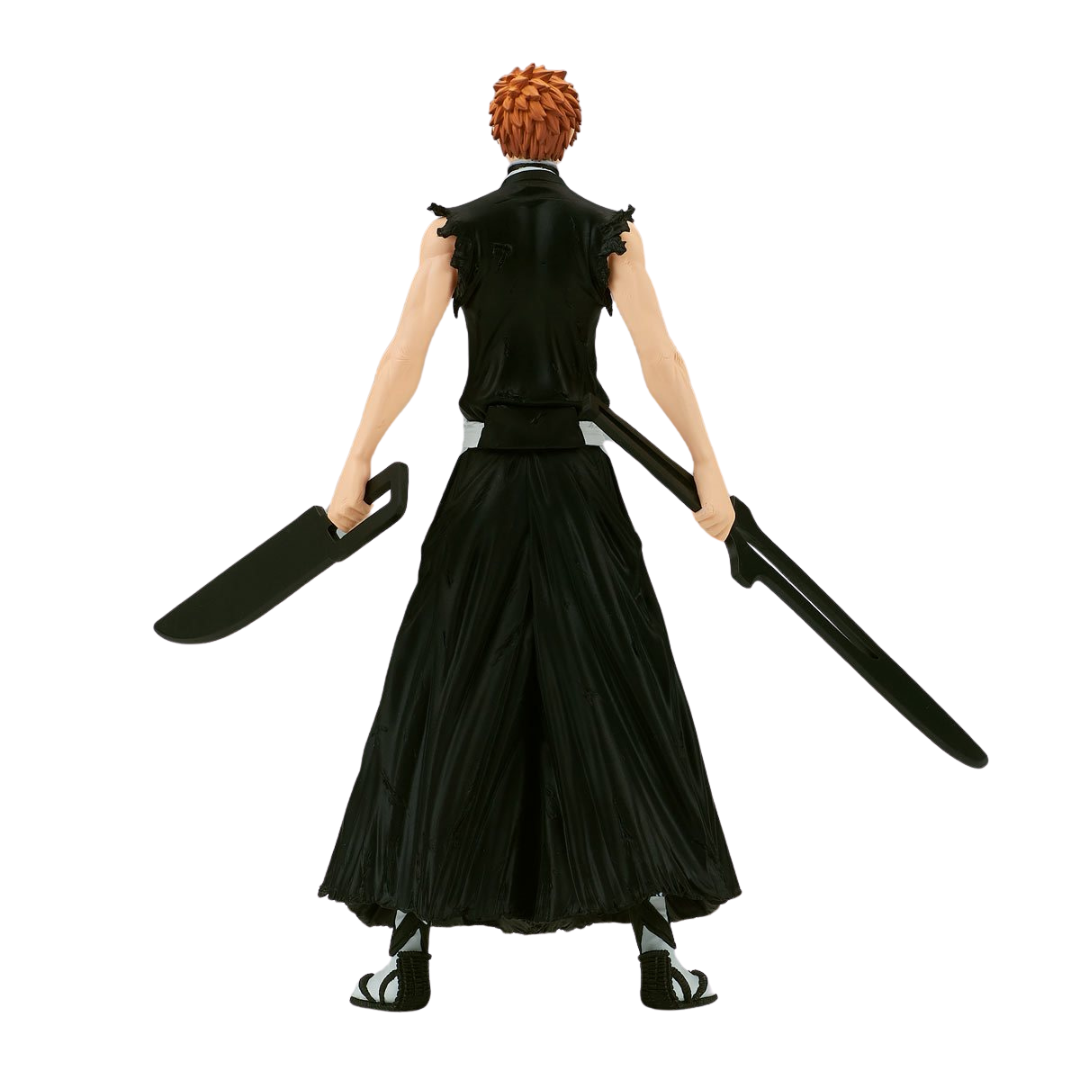 Kurozaki Ichigo figure from the Bleach series presented by Banpreso. The figurine features Ichigo's true Bankai form, weilding two zanpakutos.